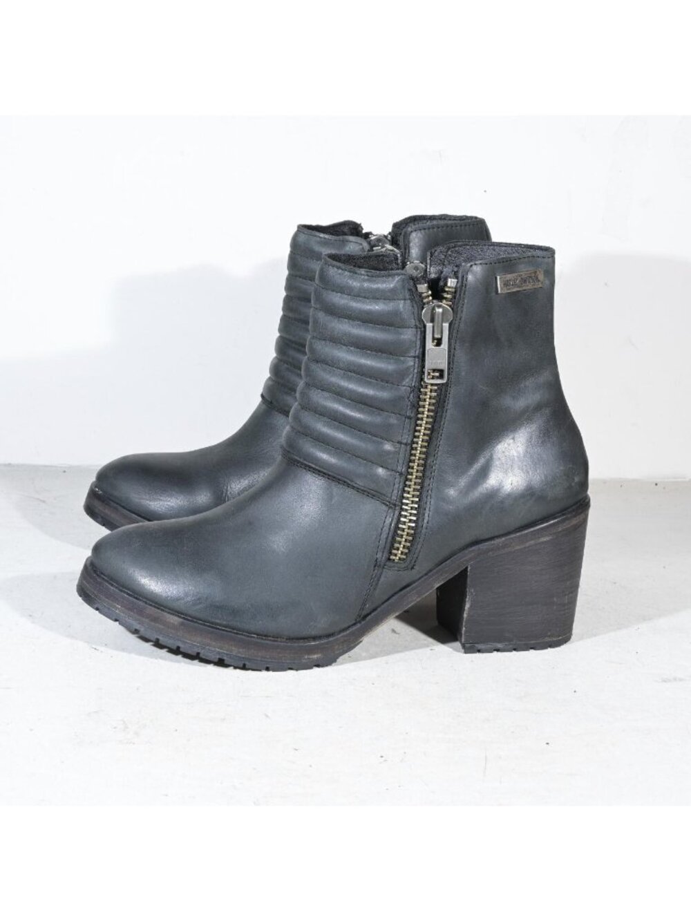Harley Davidson Black Leather Ankle Boots Zip Bootie Padded Round Toe Biker 11 - Picture 2 of 7